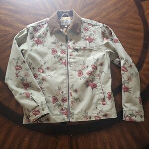Sun + Stone Men's Tan Canvas Red Floral Print Jacket Corduroy Collar Size Small